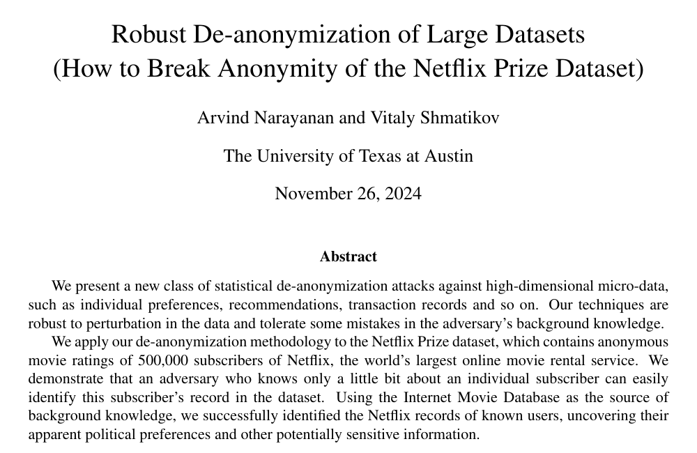 Title and abstract of the paper How to Break Anonymity of the Netflix Prize Dataset